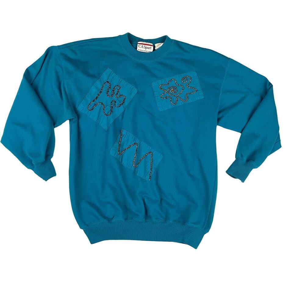 VTG Pullover Sweater MEDIUM Blue Satin‎ Patches Sweatshirt CA Sport Women's